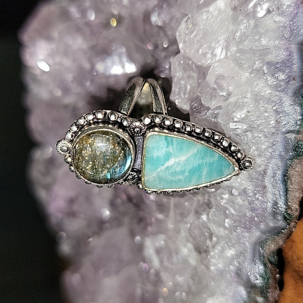 🎁 Amazonite Labradorite Double Stone 925 Sterling Silver Overlay Ring Size 8